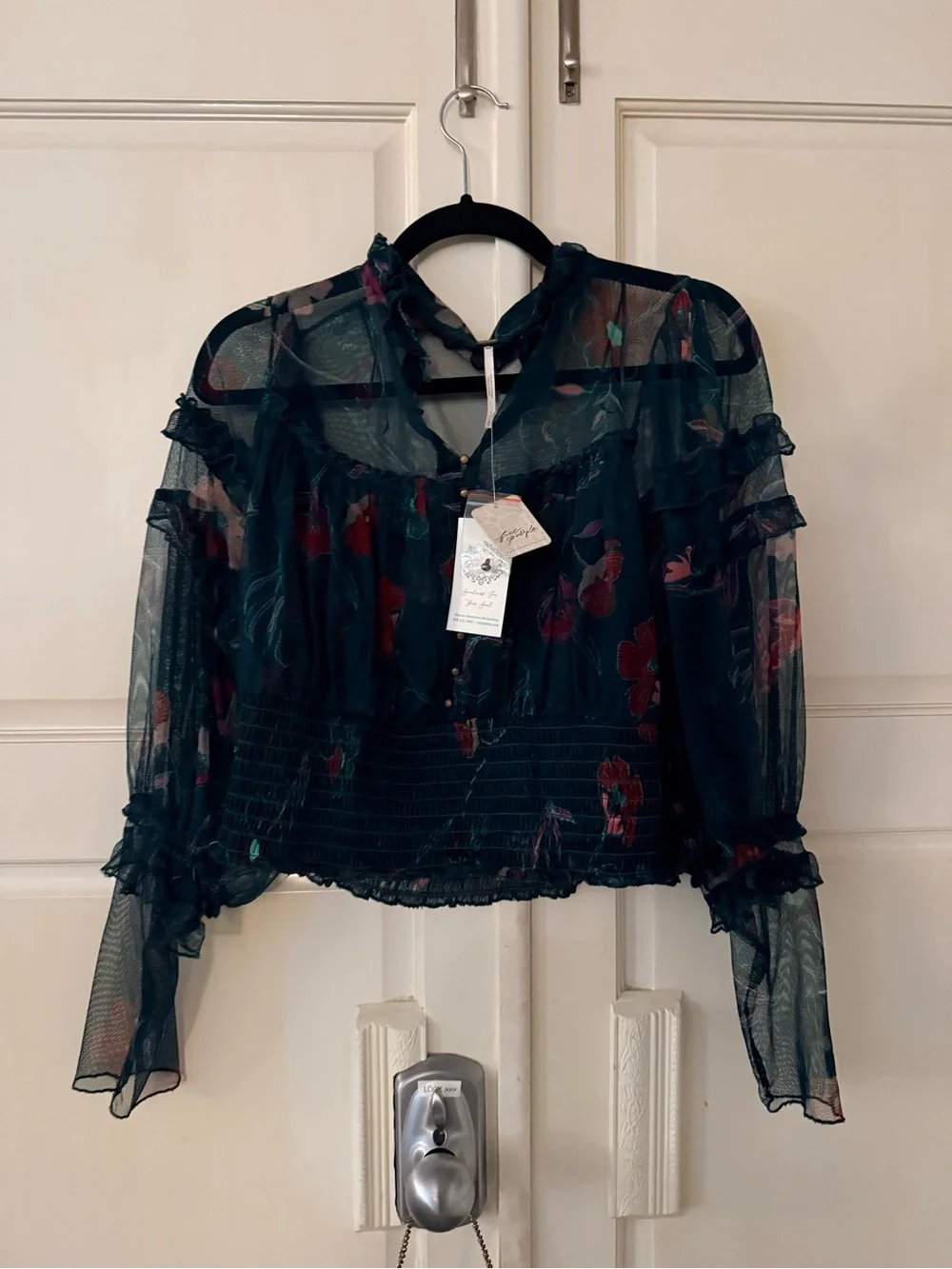 Free People Sheer Floral Dark Teal Long-Sleeve Blouse